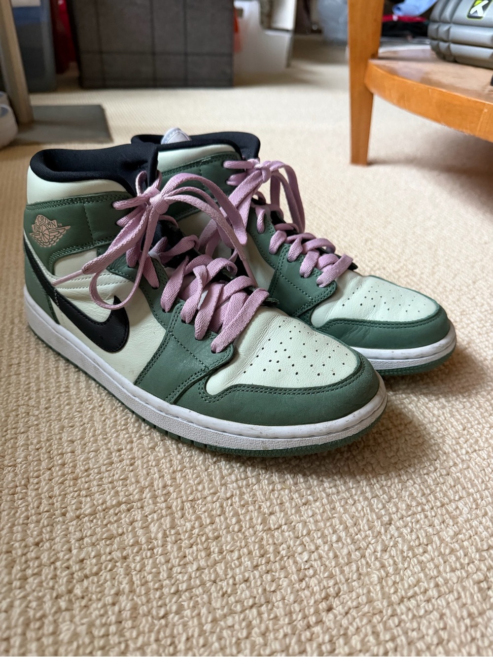Nike Women’s High-Top Sneakers in Mint Green, Forest Green & Pink Laces
